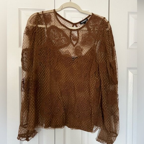 Express Lace Long Sleeve Crew Neck Top, Size XL, Brown - Picture 1 of 4